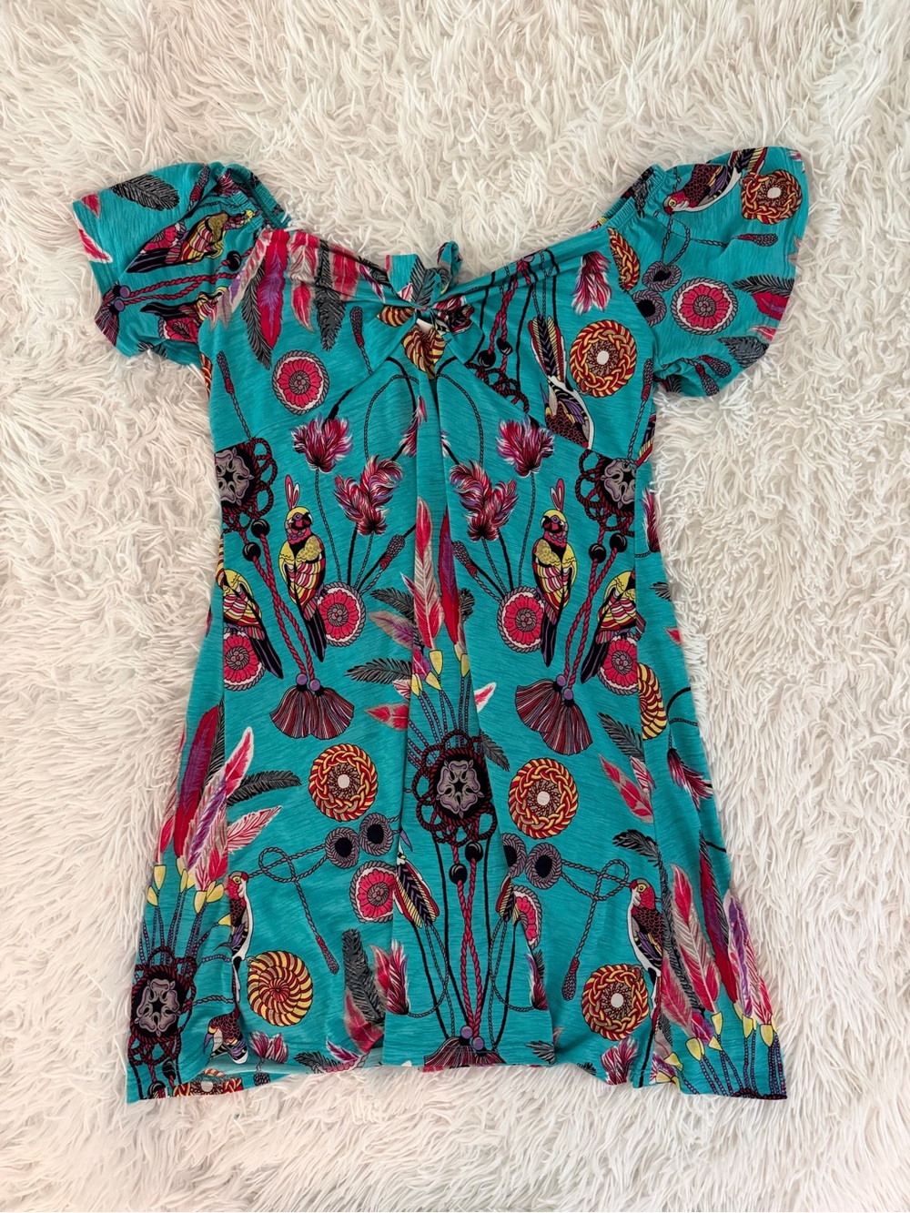 Boutique Boho Off Shoulder Tie Front Bird Feather Print Dress Women M